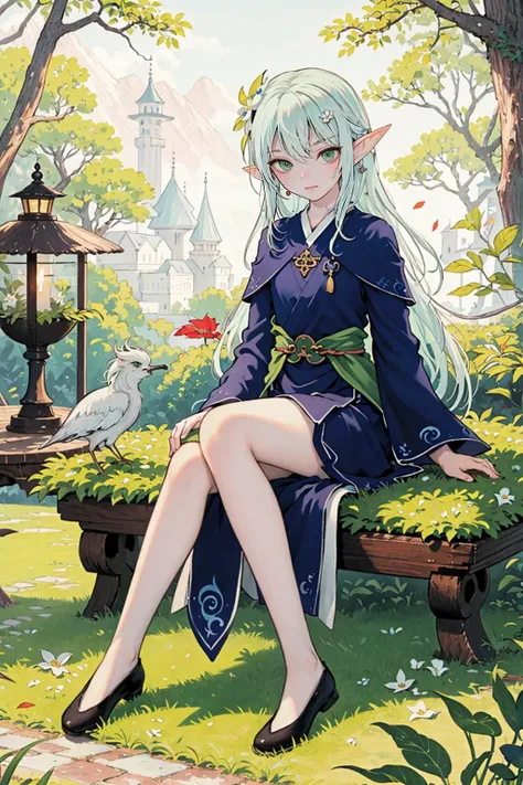 (masterpiece,best quality,illustration,official art:1.05),(tachi-e:1.12),full body,sitting,looking at viewer,solo,1girl,elf girl,long hair,green hair,[green|blue] eyes,dress,white hair flower,hair ornament,(age8),(child),wind,leaf,tree,forest,