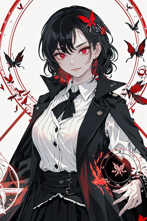 masterpiece, (best quality:1.1), (1girl), solo, cowboy shot, (finely detailed eyes and detailed face:1.3), (illustration:1.1), field of depth, (extremely fine and beautiful:1.1), (black trench coat + beautiful detailed black vest + white shirt:1.1 + black tie + black skirt + black flower on head + black gloves), (white_hair + medium_hair + wavy_hair), (red eyes:1.1),small_medium breasts, eyelashes, , pale skin, evil smile, beautiful detailed fallen small city + detailed ruin, many object, beautiful and clear background:1.2, renegade, evil, ((Red butterflies flying|around the character:1.3 + red light particles:1.15), ((perfect magic circle:1.3)), many object