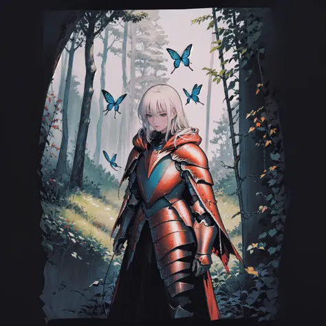 [(border:1.4), ::5],
(monochrome:0.7),cowboy shot, a woman in broken and dirty armor in a forest with a butterfly flying by her side, with a forest background,(Defeated knight, torn armor, tattered cloak and hood), Armin Hansen, official art, a character portrait, fantasy art , <lora:miniV71:1>