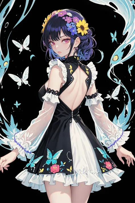Maximalism artstyle,neon theme,ð,suprematism,beautiful detailed flower,hyper detailed,flower,hyper quality,flower and hair is same color,beautifuly color,face,her hair is becoming flower, flower,hair,flower,butterfly,,1girlkawaii,,high details, high quality,back light,hair and clothes is flower,upper body ,high quality,hair with body ,webbed dress, upper body, flower leg, flower hands,body with flower,    flower with clothes , dress with flower, , light particles,black background,  Hair with flower,small breast with flower,floating hair with flower,floating1girl,small breast,  marbling with hair and clothes, looking at viewer,original,arm down, paper cutting, black background, flower forground,  hair with flower,highres, hair with  flower,hair with flower ,hair,  wavy hair ,diffusion lighting, abstract,Butterfly with  body,   flower with hair, her hair is flower,big top sleeves, floating, [[hair over one eye]],dark