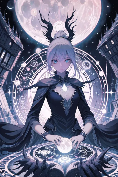 absurdres,highres,ultra detailed,(Precise and unmatched illustrations:1.3),(1girl:1.3),wich dress,high ponytail,(Moon witch :1.3), ,(City of nightmare:1.3),(Fantasy World:1.4),(Glowing magic circle:1.2),(Mystical atmosphere:1.2)