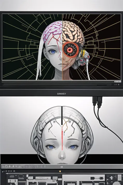 The scalp was peeled to reveal the brain inside,
The brain is plugged in with electronic components and next to it is a display screen