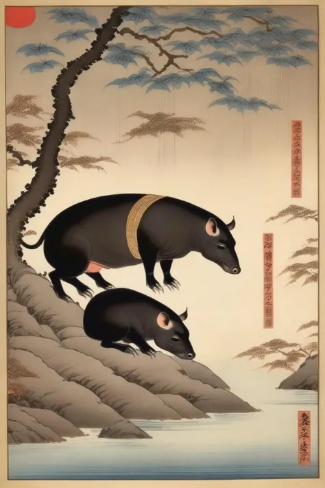 <lora:Ohara Koson Style:1>Ohara Koson Style - In Japanese mythology, tapirs can eat people's nightmares, but all they want is a massage and a good nap