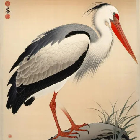 a photo of <lora:Ohara Koson Style:1> Ohara Koson Style page - a beautiful stork, highest quality, masterpiece, highly detailed