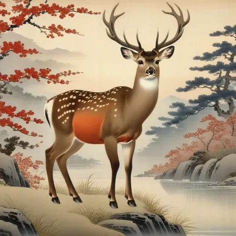 a photo of <lora:Ohara Koson Style:1> Ohara Koson Style page - a beautiful deer, highest quality, masterpiece, highly detailed