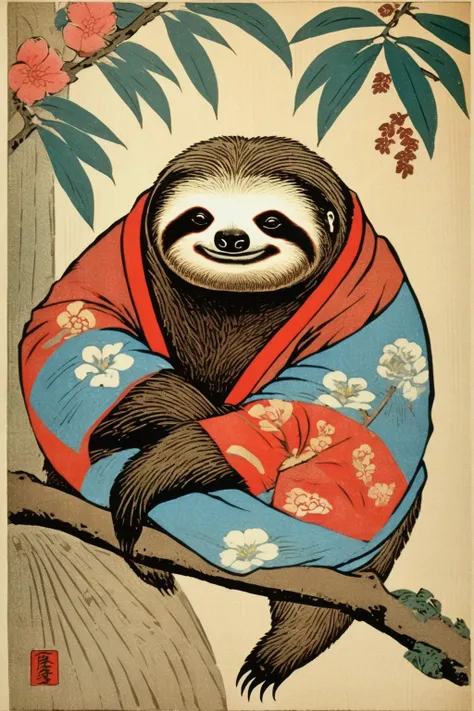 <lora:Ohara Koson Style:1>Ohara Koson Style - color woodblock print of a sloth, in the style of Ohara Koson, shin-hanga, colorful, japanese details in the background