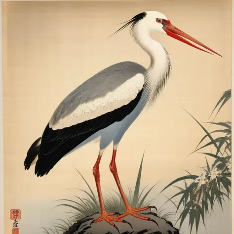 a photo of <lora:Ohara Koson Style:1> Ohara Koson Style page - a beautiful stork, highest quality, masterpiece, highly detailed