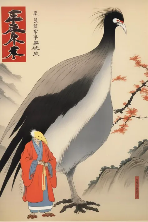 <lora:Ohara Koson Style:1>Ohara Koson Style - ten anime man is shown out in front of a large peng bird,in the style of confucian ideology