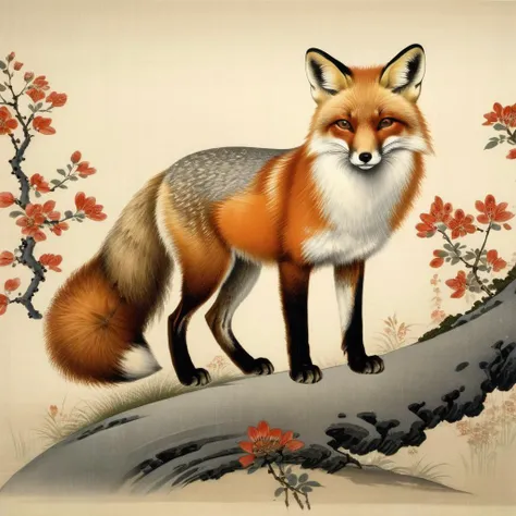a photo of <lora:Ohara Koson Style:1> Ohara Koson Style page - a beautiful fox, highest quality, masterpiece, highly detailed