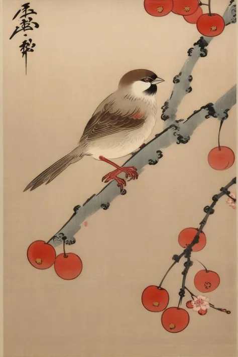 <lora:Ohara Koson Style:1>Ohara Koson Style - a sparrow on a cherry blossom branch in the style of Koson Ohara