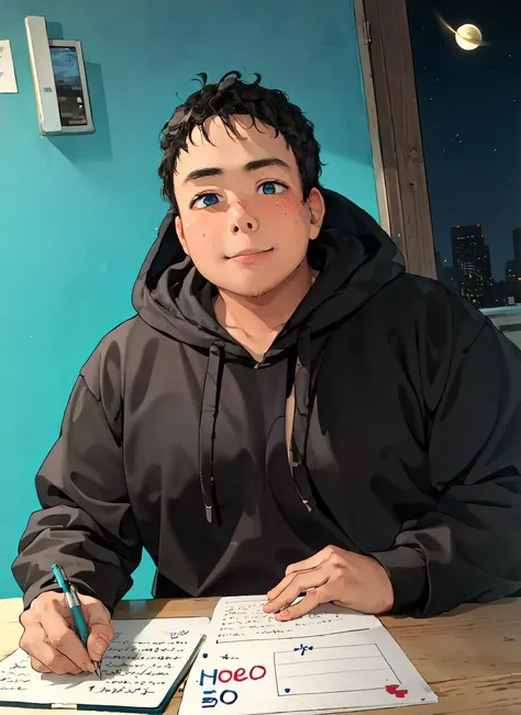 1boy, blue eyes, brown hair, fat, comet, hood, hoodie, male focus, marker, night, night sky, sky, smile, solo, writing
 <lora:masbaba:1>