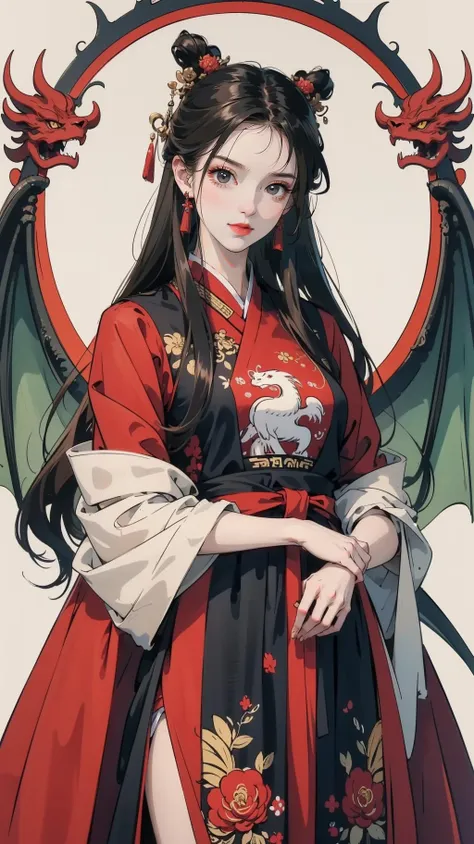 (masterpiece:1.3),(best quality:1.3),highly detailed,(official art, beautiful and aesthetic:1.2),ultra high res,Precise details,Her red dress is embroidered with a complex cloud dragon totem, reflecting the cultural characteristics of China. Her long hair waved in the wind, and the dim halo set off, like a dream.,simple background,yellow,blue,red,chinese_style,(sfw:1.2),