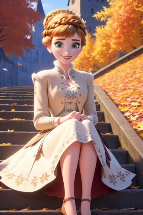 (masterpiece),(highest quality),highres,(an extremely delicate and beautiful),(extremely detailed), 1girl, young woman, solo, anna of arendelle, cream jacket, cream pumps, updo, white dress, medieval town, autumn leaves, sitting on stairs, 
facing viewer, (looking at viewer, smile:1.3),  <lora:Frozen_-_Anna_SDXL:0.9> studio anime, cel shading