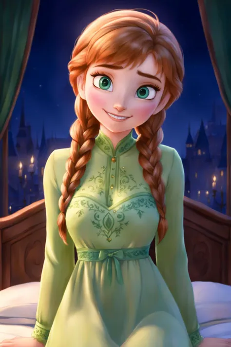 (masterpiece),(highest quality),highres,(an extremely delicate and beautiful),(extremely detailed), 1girl, solo,  anna of arendelle, green nightgown, twin braids, woman, medium breasts, night, looking at viewer, smile,  royal palace, bed, looking at viewer,  <lora:Frozen_-_Anna_SDXL:0.8> studio anime, cel shading