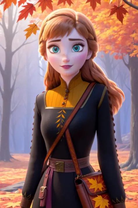 (masterpiece),(highest quality),highres,(an extremely delicate and beautiful),(extremely detailed), 1girl, young woman, solo, anna of arendelle, long hair, long-sleeved black tunic, shoulder bag, autumn leaves, forest,
(looking at viewer:1.3),  <lora:Frozen_-_Anna_SDXL:0.9> studio anime, cel shading