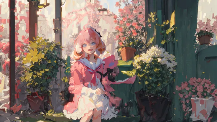 1girl, cute, solo, masterpiece, best quality, <lora:AnyaForger_v10:0.8>, (anime), pink hair, japanese school uniform, small breasts, pink nipples, looking at viewer, facing front, smiling, 18th century, 12 years old, sitting outside at a Paris cafe, eiffel tower in background, flower pedals in the air, ultra-detailed, illustration, portrait