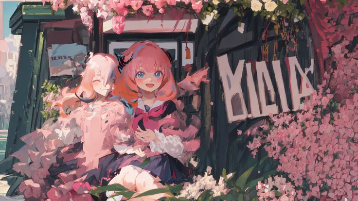 1girl, cute, solo, masterpiece, best quality, <lora:AnyaForger_v10:0.8>, (anime), pink hair, japanese school uniform, small breasts, pink nipples, looking at viewer, facing front, smiling, 18th century, 12 years old, sitting outside at a Paris cafe, eiffel tower in background, flower pedals in the air, ultra-detailed, illustration, portrait