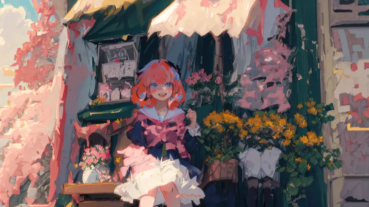 1girl, cute, solo, masterpiece, best quality, <lora:AnyaForger_v10:0.8>, (anime), pink hair, japanese school uniform, small breasts, pink nipples, looking at viewer, facing front, smiling, 18th century, 12 years old, sitting outside at a Paris cafe, eiffel tower in background, flower pedals in the air, ultra-detailed, illustration, portrait