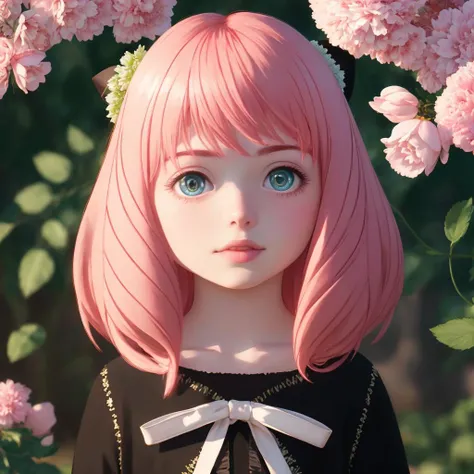 masterpiece,best quality,extremely detailed CG unity 8K wallpaper,1girl,glint, pink hair,<lora:popularTrainedOnTheMost_v10:1>, <lora:AnyaForger_v10:0.9>, flowers