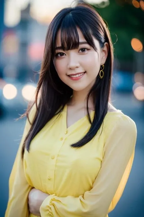 1girl,(wearing a yellow blouse:1.2),(RAW photo, best quality), (realistic, photo-realistic:1.4), masterpiece, an extremely delicate and beautiful, extremely detailed, 2k wallpaper, Amazing, finely detail, extremely detailed CG unity 8k wallpaper, ultra-detailed, highres, soft light, beautiful detailed girl, extremely detailed eyes and face, beautiful detailed nose, beautiful detailed eyes,cinematic lighting,city lights at night,perfect anatomy,slender body,smiling <lora:anzaiyukari_lora:0.7>