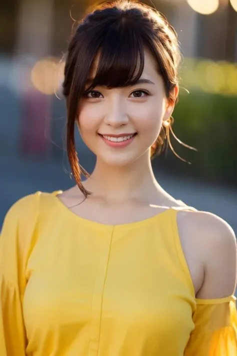 1girl,(wearing a yellow blouse:1.2),(RAW photo, best quality), (realistic, photo-realistic:1.4), masterpiece, an extremely delicate and beautiful, extremely detailed, 2k wallpaper, Amazing, finely detail, extremely detailed CG unity 8k wallpaper, ultra-detailed, highres, soft light, beautiful detailed girl, extremely detailed eyes and face, beautiful detailed nose, beautiful detailed eyes,cinematic lighting,city lights at night,perfect anatomy,slender body,smiling  <lora:anzaiyukari_lora:0.7>