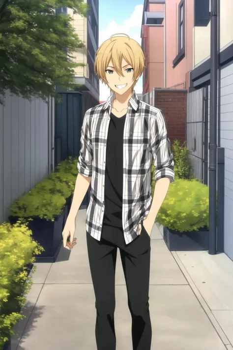 masterpiece, best quality, kazuomi_ooga, 1boy, solo, cowboy shot, looking at viewer, blonde hair, grin, (casual, layered clothes, plaid shirt, (open shirt), t-shirt), black pants, city, alley, weeds, trash,