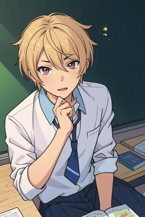 masterpiece, best quality, illustration, 1boy, solo, male focus, looking at viewer, , , <lora:kazuomi_ooga:0.64>, kazuomi_ooga, blonde hair, school uniform,