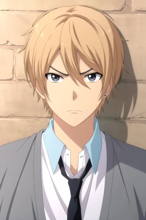 masterpiece, best quality, 1boy, kazuomi_ooga, upper body, against wall, brick wall, portrait, looking at viewer, blonde hair, annoyed, open cardigan, white shirt, loose black necktie, (oversized clothes),