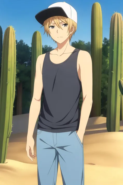 masterpiece, best quality, kazuomi_ooga, 1boy, solo, cowboy shot, looking at viewer, blonde hair, baseball cap, casual, tank top, blue pants, desert, cactus, sand,
