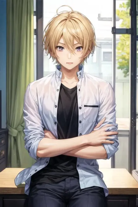 masterpiece, best quality, illustration, 1boy, solo, male focus, looking at viewer, , , <lora:kazuomi_ooga:0.64>, kazuomi_ooga, blonde hair, gakuran,