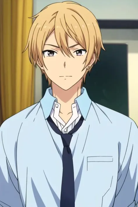 masterpiece, best quality, illustration, 1boy, solo, male focus, looking at viewer, upper body, , <lora:kazuomi_ooga:0.68>, kazuomi_ooga, blonde hair, formal, necktie, dress shirt,