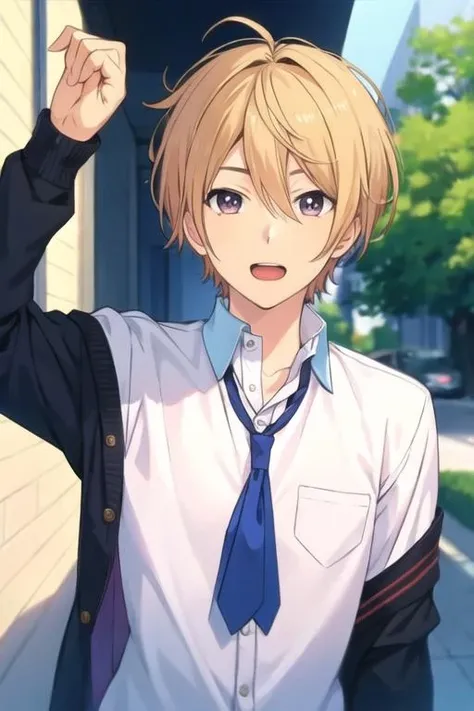 masterpiece, best quality, , 1boy, solo, male focus, looking at viewer, upper body, depth of field, <lora:kazuomi_ooga:0.70>, kazuomi_ooga, blonde hair, school uniform,