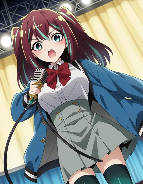score_9, score_8_up, score_7_up, source_anime,
matamaakoya, <lora:matama-akoya-ponyxl-lora-nochekaiser:1>
matama akoya, long hair, brown hair, green eyes, multicolored hair, aqua eyes, two side up, streaked hair,
skirt, shirt, thighhighs, bow, school uniform, jacket, white shirt, black thighhighs, bowtie, red bow, zettai ryouiki, buttons, blue jacket, red bowtie, grey skirt, high-waist skirt,
indoors, stage, stage lights, concert, audience, singing, microphone, holding microphone, open mouth,
looking at viewer, dutch angle, cowboy shot