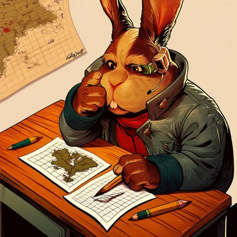 score_9, score_8_up, score7_up, Peppy hare, sitting, drawing, drawing map, paper, desk, pencil