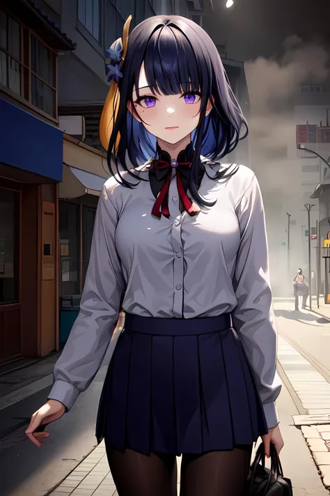 raiden1 a woman, (school uniform), looking at the viewer, at the streets, fog, mists, <lora:httpraiden:1:lbw=FACES>
