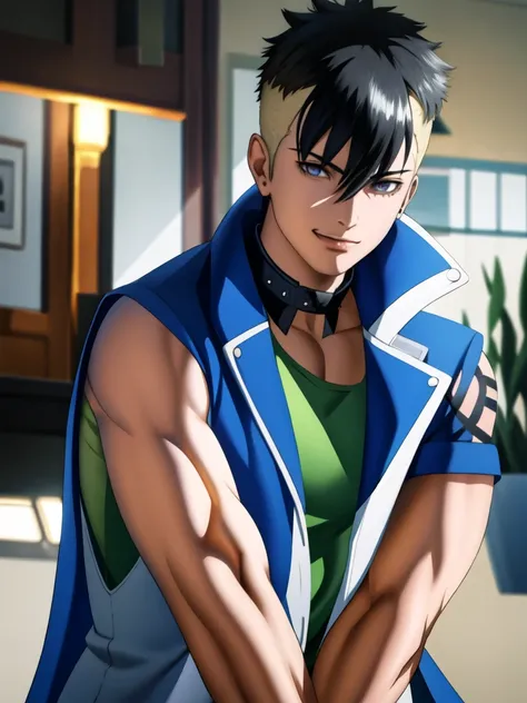 1boy, Kawaki_Uzumaki a man with a karma_tattoo marking on his arm and neck, wearing a navy blue and white jacket, kawakiblue_jacket, green shirt, making a serious face, kwkhairstyle, brown skin, looking at viewer, sitting, skindentation, smile, solo . (masterpiece:1.4),(best quality:1.4),(shiny skin),realistic, detailed eyes, <lora:kawakiv2:0.8>, dynamic pose, cowboy shot (((masterpiece))), (((best quality))), illustration, artstation, rim light, Alembert Oclusion, SSAO, Bokeh, Cinematic, Golden Hour, Depth of Field, DOF, Vignette, Anti-Aliasing <lora:sakimichanStyle_v15:0.8>, art by sakimichan , (sakimi-style:0.8), (nixeu_soft:0.2)