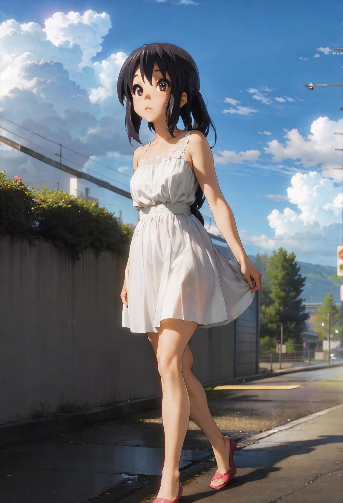 Anime girl walking down the street in a short white dress - SeaArt AI