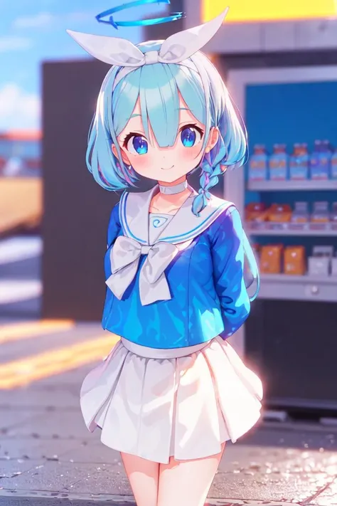Arona,1girl,solo,shoes,white footwear,braid,blue shirt,serafuku,long sleeves,white sailor collar,hairband,white choker,bangs,smile,closed mouth,single braid,white half skirt,bow hairband,<lora:Arona_åç½å¨:0.8>,cityscape,street,vending_machine,Skyscraper,arms behind back,, (masterpiece), (best quality), HDR, intricate detail,