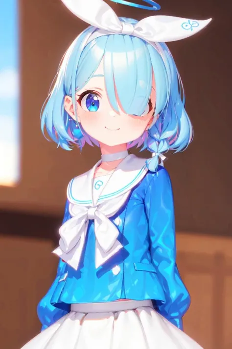 Arona,1girl,solo,shoes,white footwear,braid,blue shirt,serafuku,long sleeves,white sailor collar,hairband,white choker,bangs,smile,closed mouth,single braid,white half skirt,bow hairband,<lora:Arona_åç½å¨:0.8>,upper_body,starry_sky,hyper_galaxy,cathedral,, (masterpiece), (best quality), HDR, intricate detail,