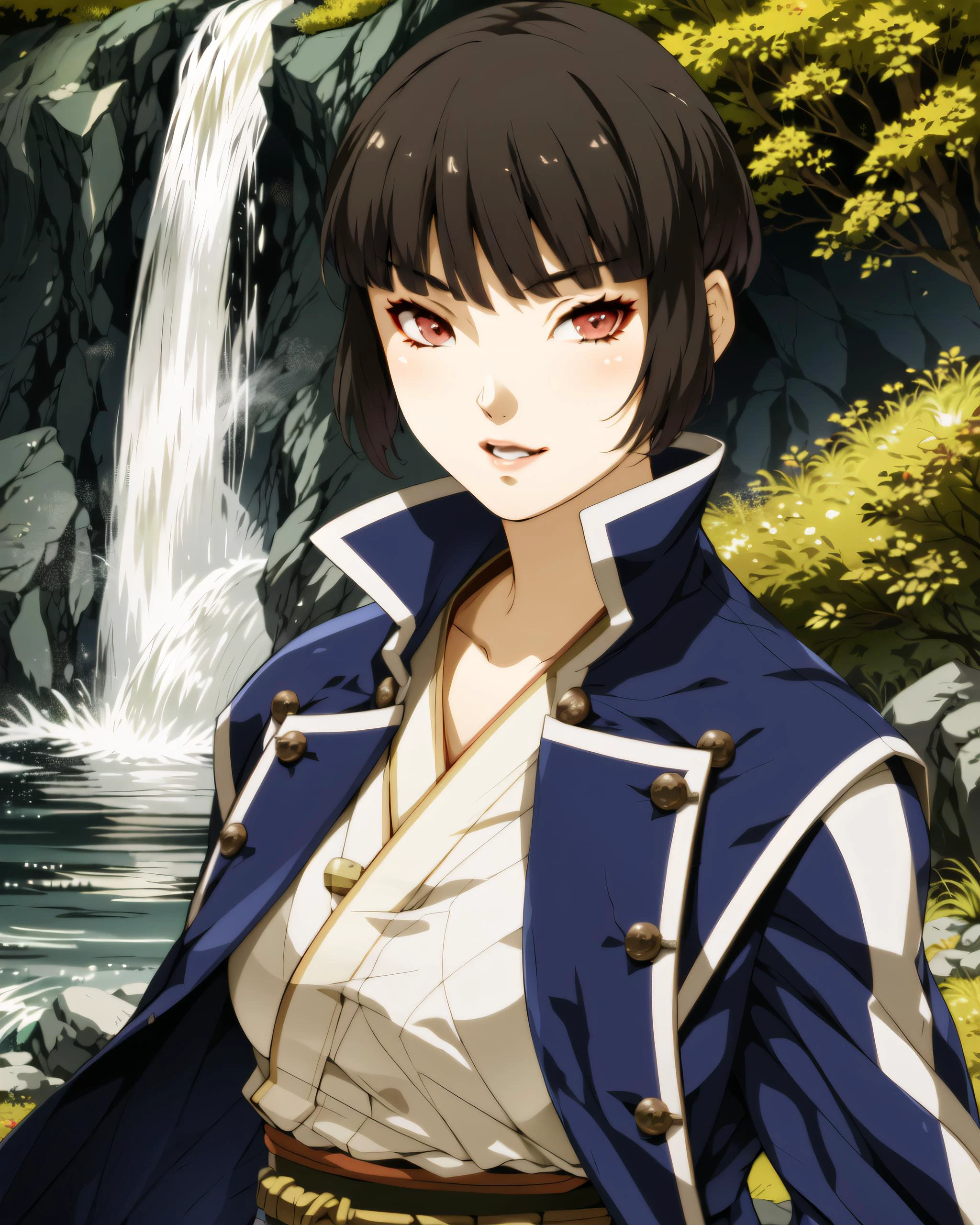 (waterfall, gorgeous view)
(upper body shot), sfw, (masterpiece), (best quality:1.0), (ultra highres:1.0), detailed eyes, detailed clothing texture, beautiful face, 1girl, solo, Isabeau posing
brownish red eyes, samurai uniform, blue coat, smtdoistyle
<lora:Isabeau_SMT4:0.5> <lora:SMTDoiStyle:0.7>