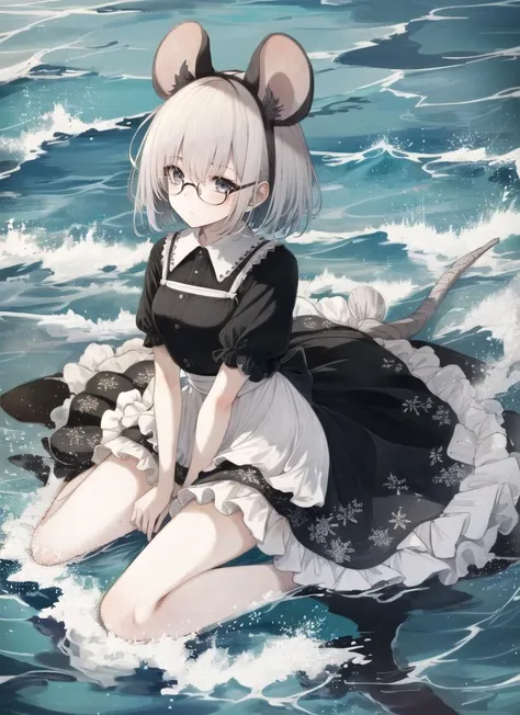 ((best quality)), ((highly detailed)), masterpiece, (detailed eyes, deep eyes), (1girl), (glasses), full body, <lora:aiomonstergirls_loraLocon:1>, (mouse girl), mouse ears, mouse tail, (in the sea), <lora:HITO_KOMORU_V1:1>, hito komoru style