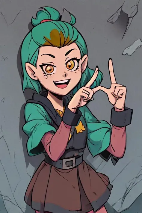 high quality photo of young <lora:amity_blight_s1_redux:0.75>, great detail, detailed texture, sharp, close up, looking at the camera, smiling, peace sign