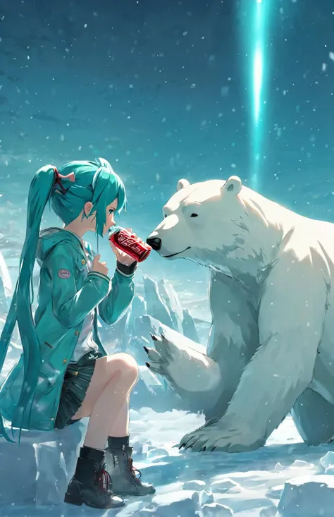 pixiv, masterpiece, best quality, highly detailed, 1girl, hatsune miku, The cute and charming Hatsune Miku, who is sick, drinks Coke, and then looks at the dangerous polar bear, depth of field, cinematic composition, best lighting,