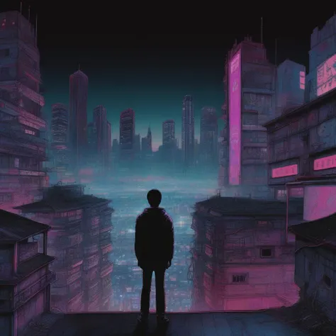 A man looking into a city, Cyberpunk style, neon, detailed, Junji Ito style, gruesome, unsettling, dark, gritty