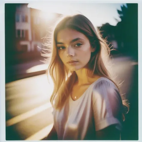 a candid Polaroid professional photograph of a young pretty woman, light leak, fashion model shot from distant,