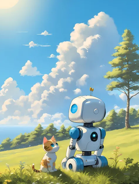 little cute robot sitting on the hill looking at sky, with pet cat, (blue sky:1.25), sideway glance, little robot, cloud, endless sea, noon, summer, floating hair, cumulus clouds, forest, tree, face focus, cute, 8k, high resolution
