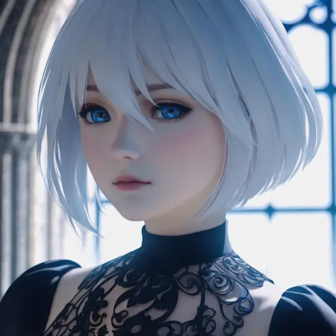 (Upper body portrait), 8K, high resolution, masterpiece, ((1girl, solo)), 2B from Nier Automata, detailed face and hair, detailed eyes and lips, detailed blue eyes, bobcut white hair,
