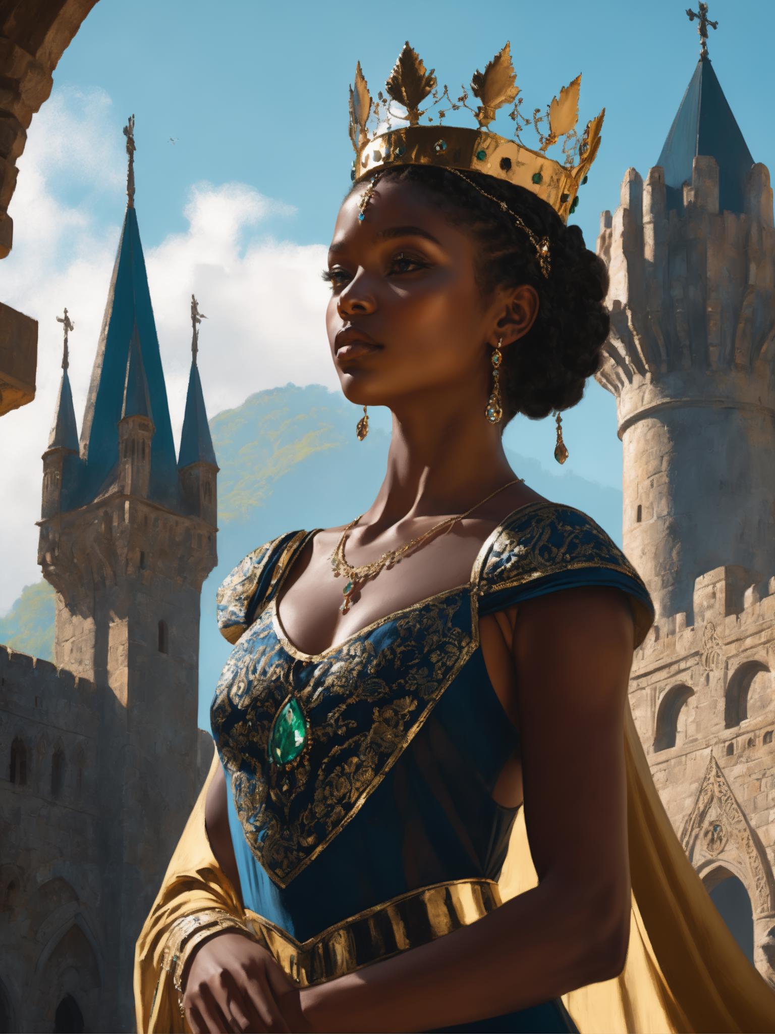 A woman in a blue dress and gold crown standing in front of a castle ...
