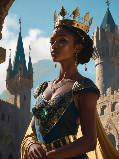modelshoot style, (extremely detailed CG unity 8k wallpaper), full shot body photo of the most beautiful artwork in the world, medieval queen, green vale, dark skin, black woman, dark skin, golden crown, diamonds, medieval architecture, professional majestic oil painting by Ed Blinkey, Atey Ghailan, Studio Ghibli, by Jeremy Mann, Greg Manchess, Antonio Moro, trending on ArtStation, trending on CGSociety, Intricate, High Detail, Sharp focus, dramatic, photorealistic painting art by midjourney and greg rutkowski