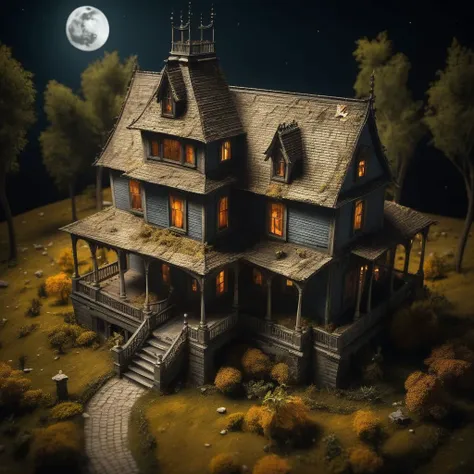 masterpiece, best quality, ultra details, 4K, 8K, extremely detailed, ultra detailed background,
haunted house, old, night, dark, weeds, moon,
from above, Tilt-shift photography,